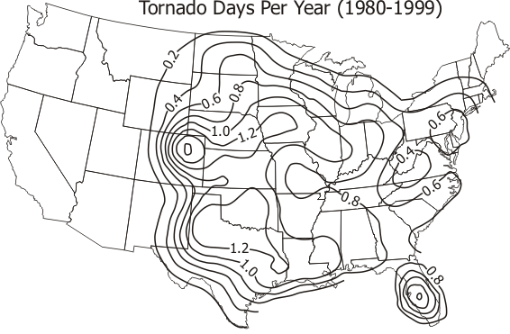 Tornado Days per Year Map